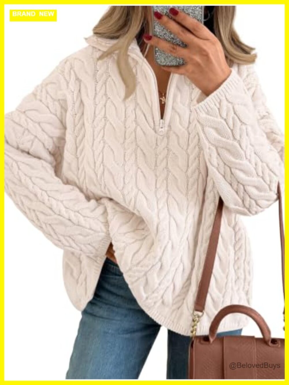 Oversized Chunky Cable Knit Quarter Zip Pullover Sweater Cotton Acrylic
